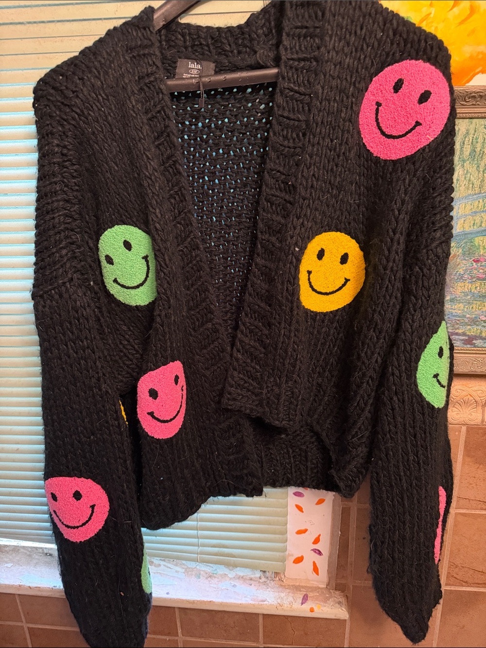 Dressed in LALA Black Chunky Cardigan Sweater with Colorful Smile Patches